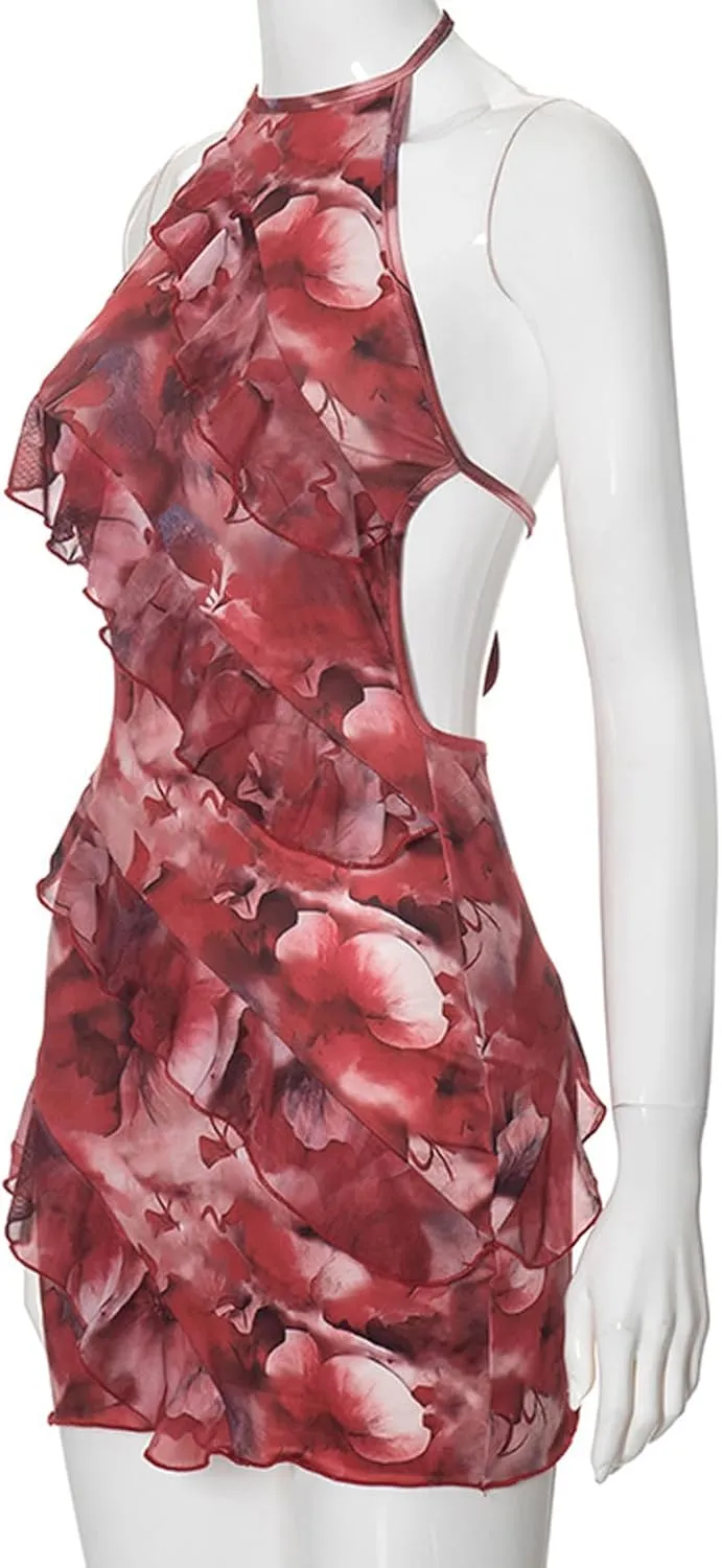 Women Sexy Halter Neck Backless Mini Dress Floral Layered Ruffle Bodycon Short Party Dress