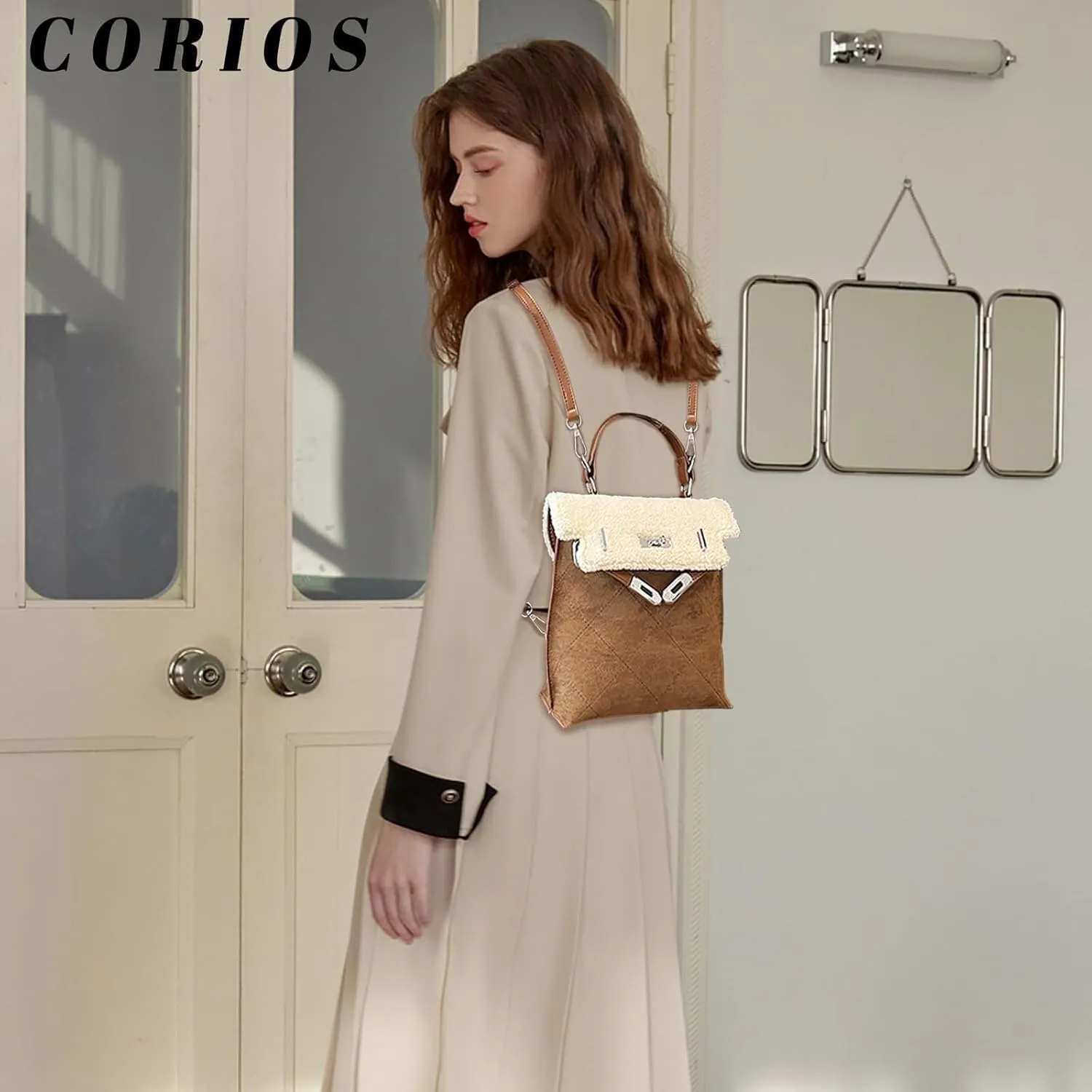 Women Suede Handbag Tote with Lamb Wool Vintage Shoulder Medium Capacity Crossbody Soft Plush Top Handle Satchel