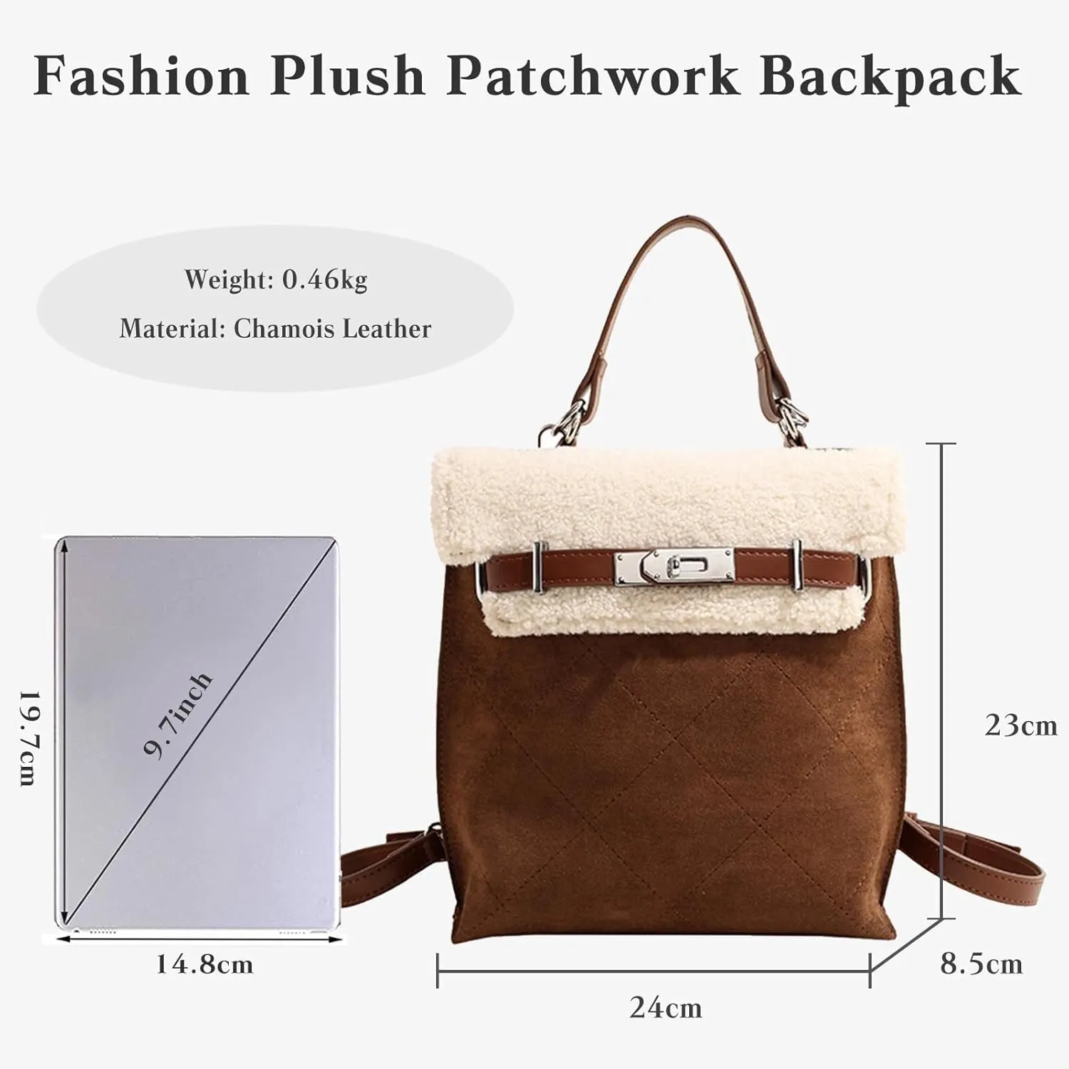 Women Suede Handbag Tote with Lamb Wool Vintage Shoulder Medium Capacity Crossbody Soft Plush Top Handle Satchel