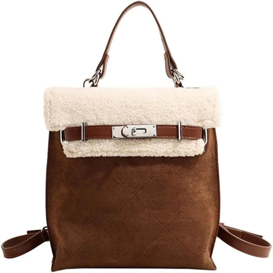 Women Suede Handbag Tote with Lamb Wool Vintage Shoulder Medium Capacity Crossbody Soft Plush Top Handle Satchel