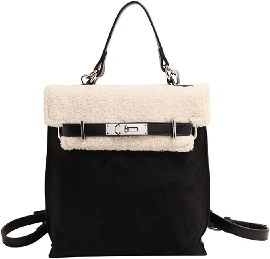 Women Suede Handbag Tote with Lamb Wool Vintage Shoulder Medium Capacity Crossbody Soft Plush Top Handle Satchel