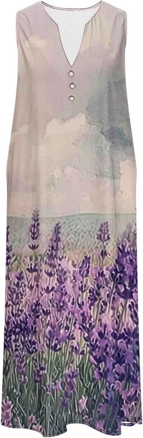 Women Summer Dresses Sleeveless Tshirts Dress Casual Loose Henry Button Neck Dress Flowy Swing Sundresses with Pockets