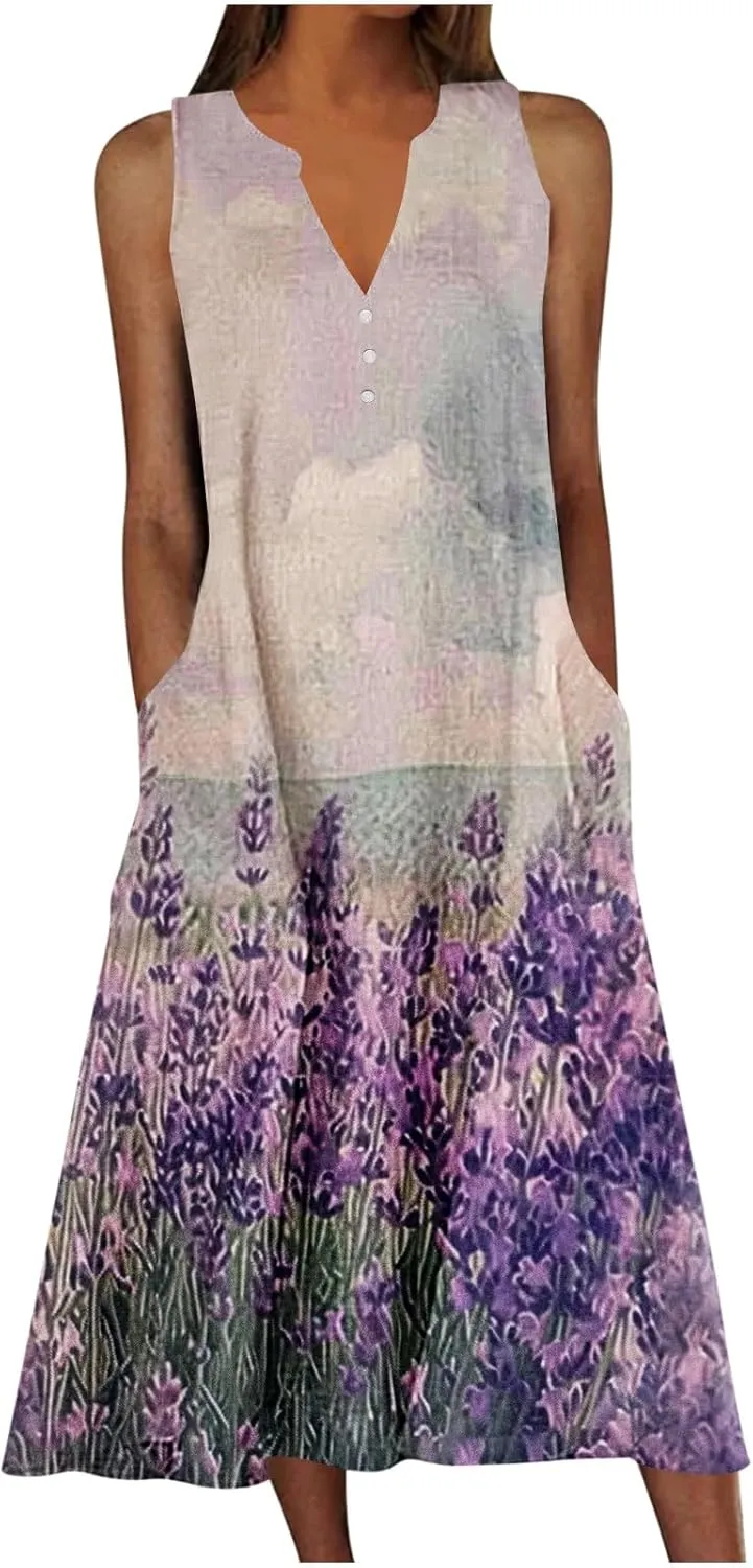 Women Summer Dresses Sleeveless Tshirts Dress Casual Loose Henry Button Neck Dress Flowy Swing Sundresses with Pockets