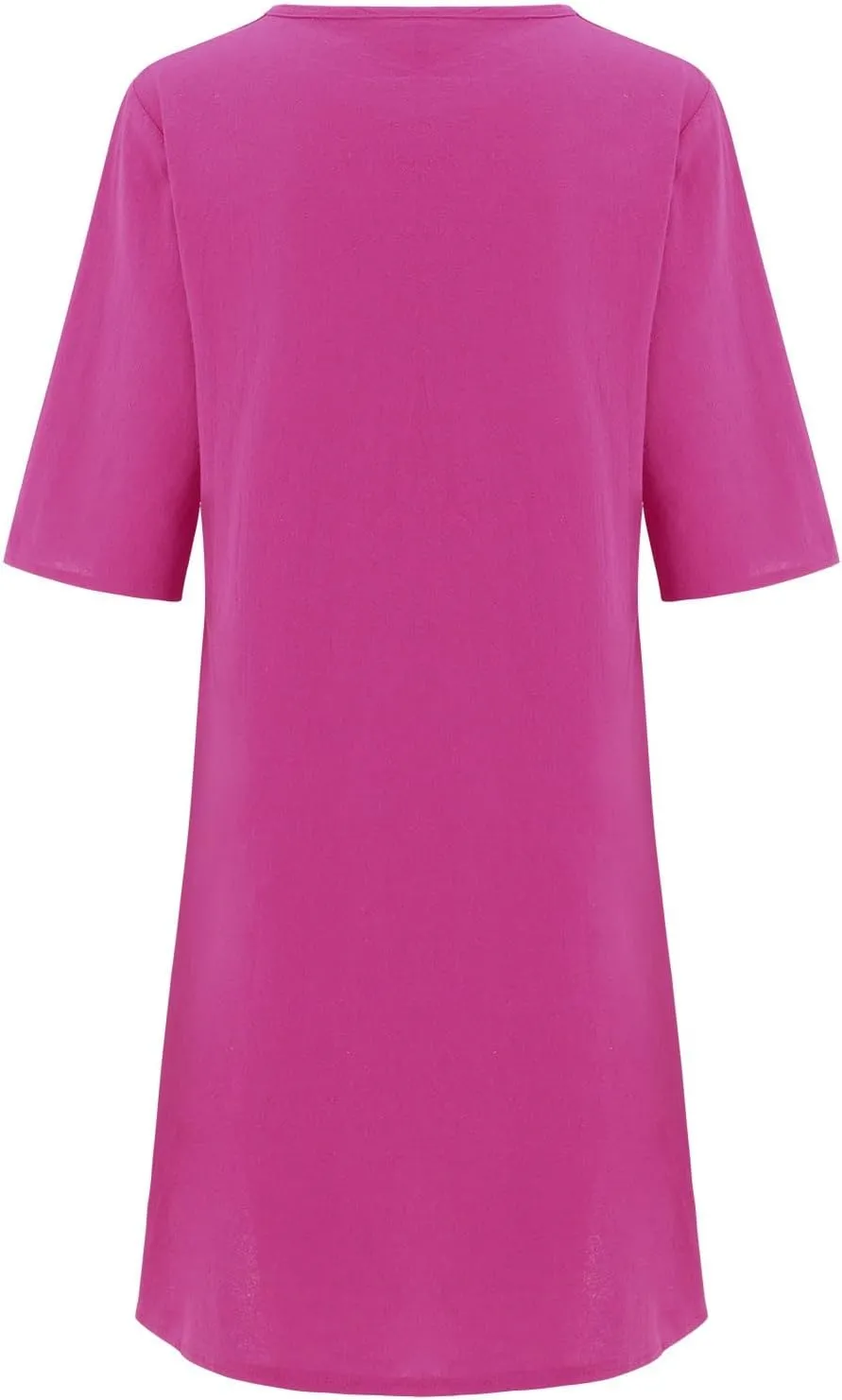 Women Summer Midi Shirt Dresses Lapel Casual Cotton Linen Dress V Neck Linen Dress Summer Half Sleeve Knee Length Shift Dress