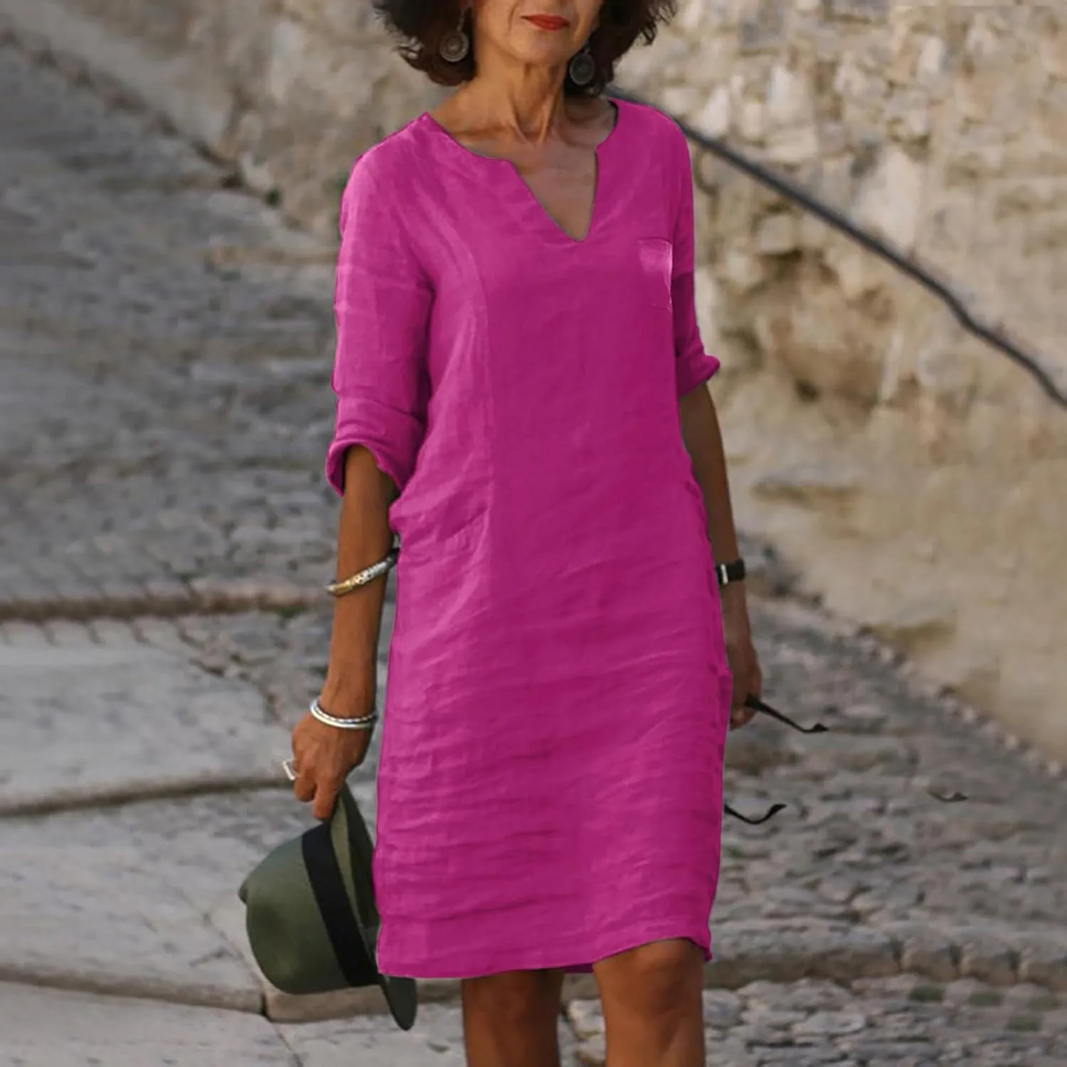 Women Summer Midi Shirt Dresses Lapel Casual Cotton Linen Dress V Neck Linen Dress Summer Half Sleeve Knee Length Shift Dress