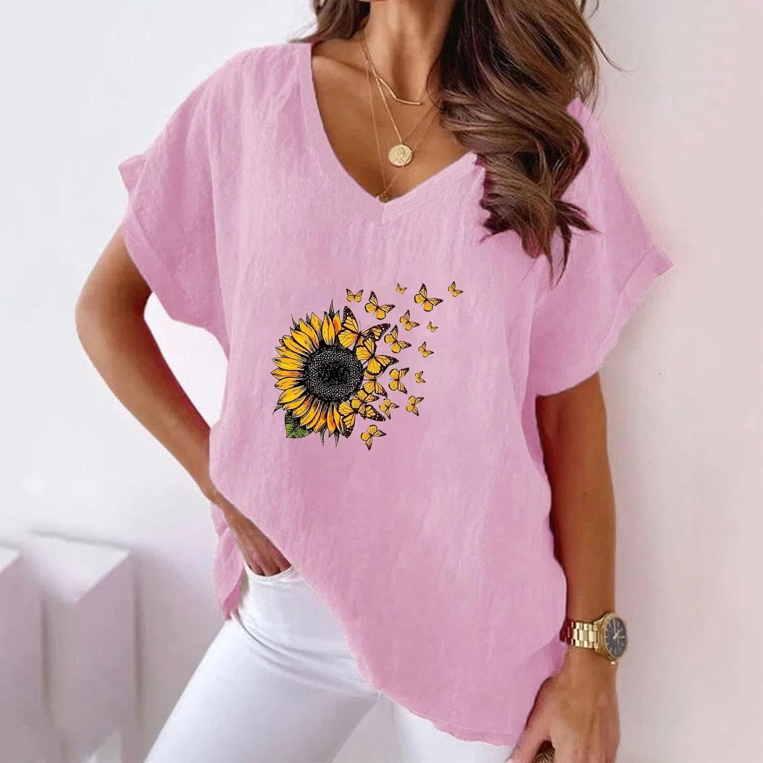 Women Summer Tops 2024 Cotton Linen Plus Size V Neck Floral Blouse Tops Casual Short Sleeve Oversized Tshirt Clothes