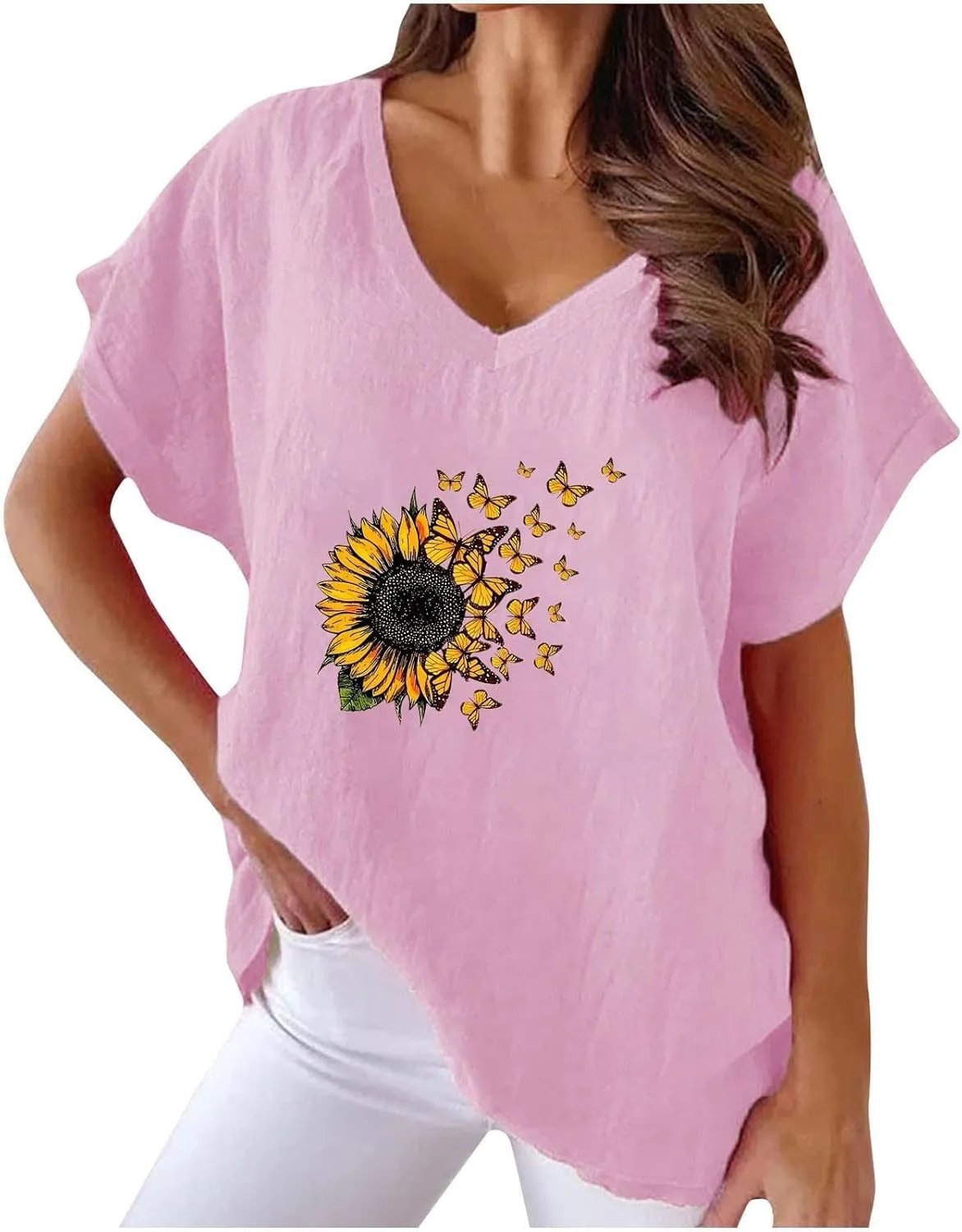 Women Summer Tops 2024 Cotton Linen Plus Size V Neck Floral Blouse Tops Casual Short Sleeve Oversized Tshirt Clothes