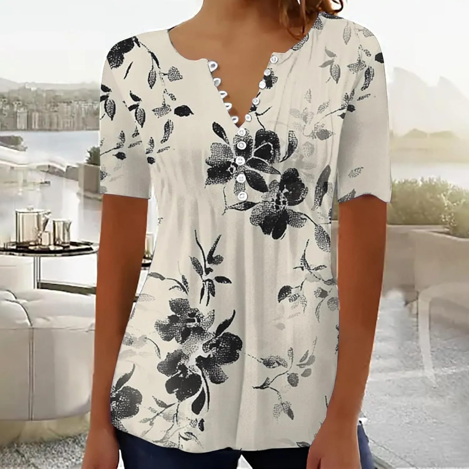 Women Summer Tops 2025 Fashion Short Sleeve V Neck Button Tshirt Boho Floral Printed Causal Dressy Waist Tighten Tee