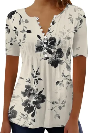 Women Summer Tops 2025 Fashion Short Sleeve V Neck Button Tshirt Boho Floral Printed Causal Dressy Waist Tighten Tee