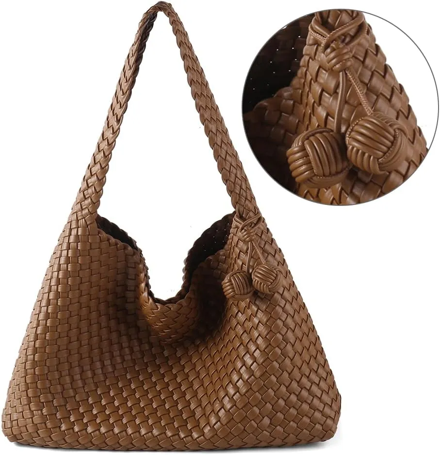 Women Vegan Leather Hand-Woven Tote Handbag Fashion All-Match Underarm Bag with Purse Soft Summer Hobo Tote Bag