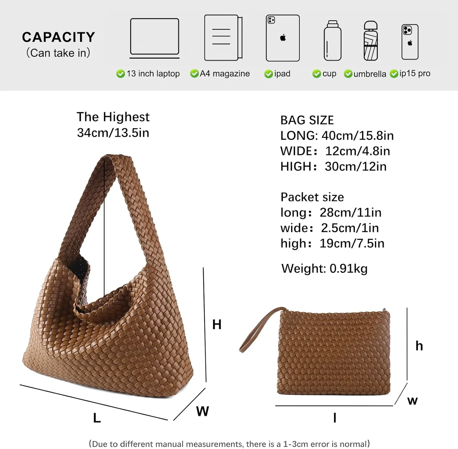 Women Vegan Leather Hand-Woven Tote Handbag Fashion All-Match Underarm Bag with Purse Soft Summer Hobo Tote Bag