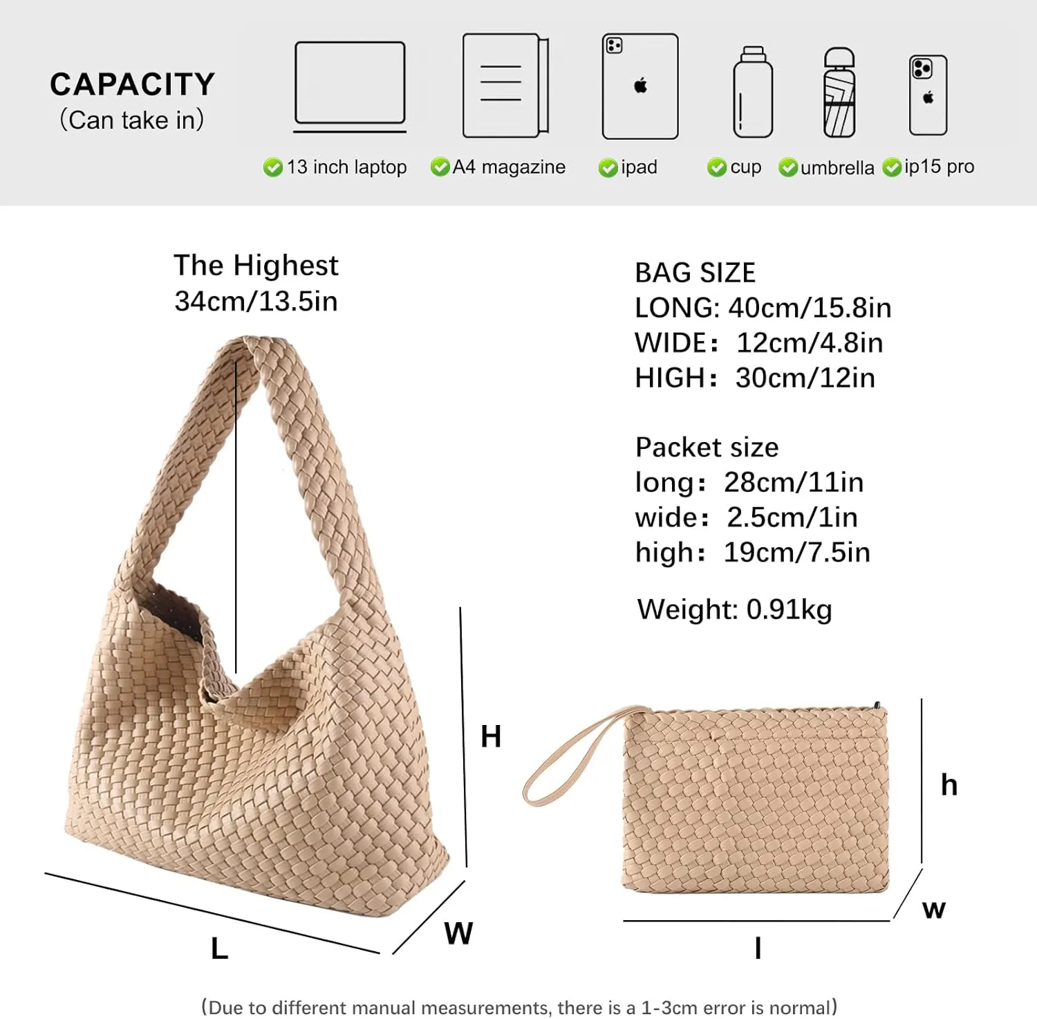 Women Vegan Leather Hand-Woven Tote Handbag Fashion All-Match Underarm Bag with Purse Soft Summer Hobo Tote Bag