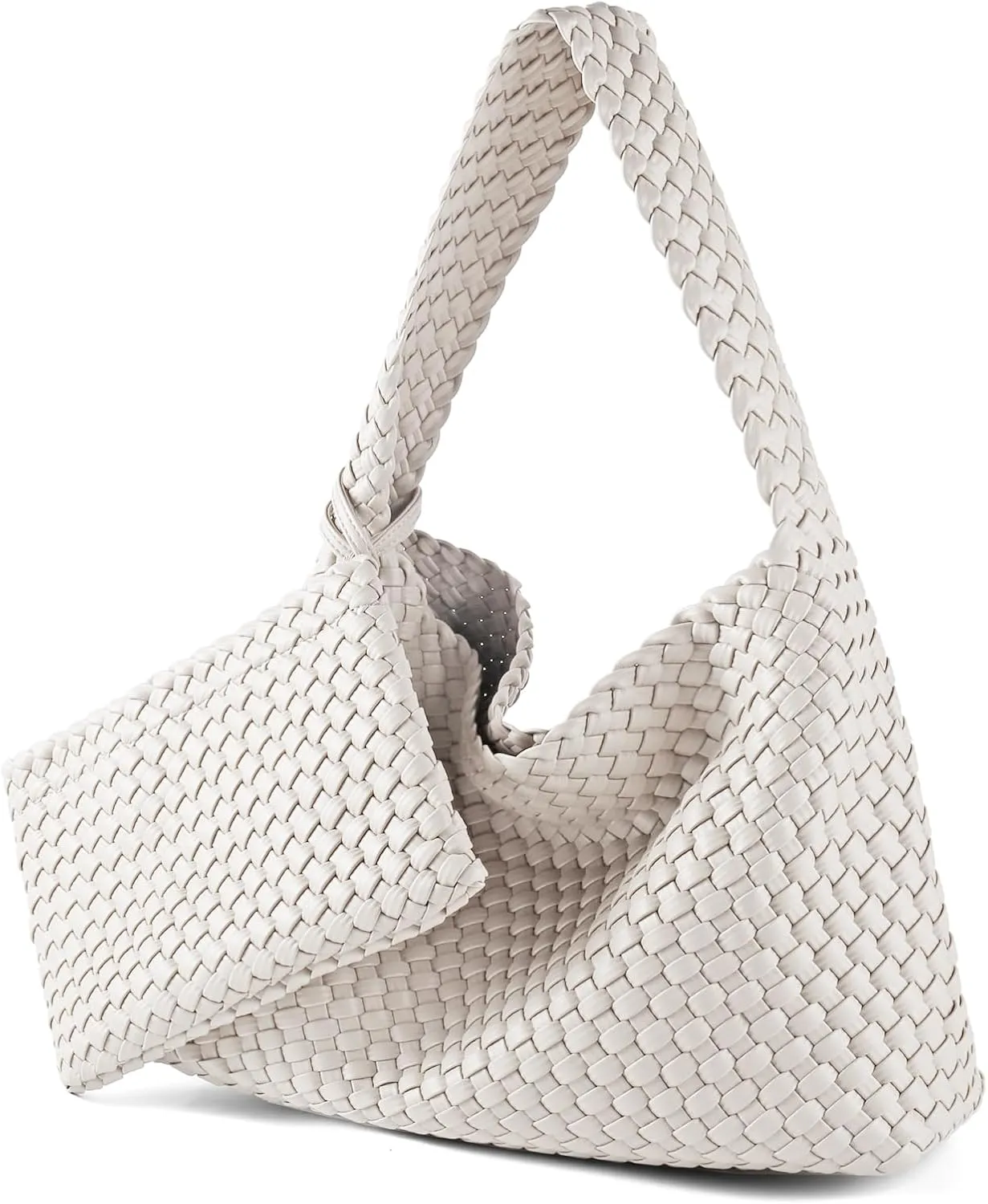 Women Vegan Leather Hand-Woven Tote Handbag Fashion All-Match Underarm Bag with Purse Soft Summer Hobo Tote Bag