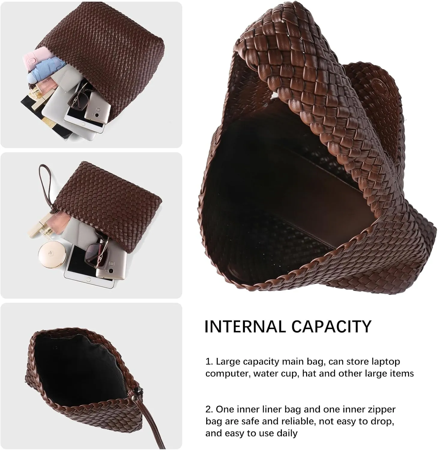 Women Vegan Leather Hand-Woven Tote Handbag Fashion All-Match Underarm Bag with Purse Soft Summer Hobo Tote Bag