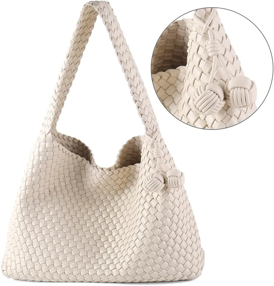 Women Vegan Leather Hand-Woven Tote Handbag Fashion All-Match Underarm Bag with Purse Soft Summer Hobo Tote Bag