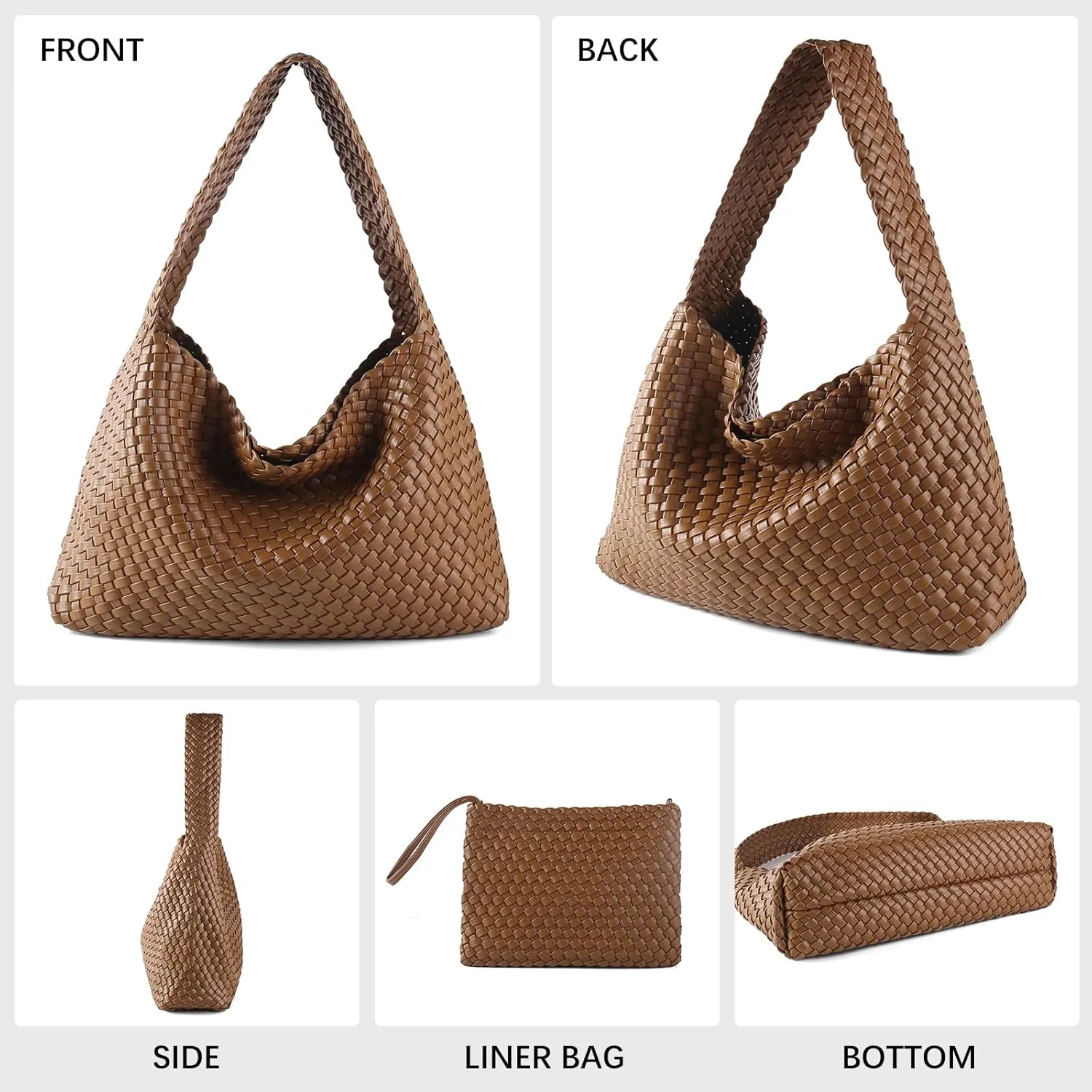 Women Vegan Leather Hand-Woven Tote Handbag Fashion All-Match Underarm Bag with Purse Soft Summer Hobo Tote Bag