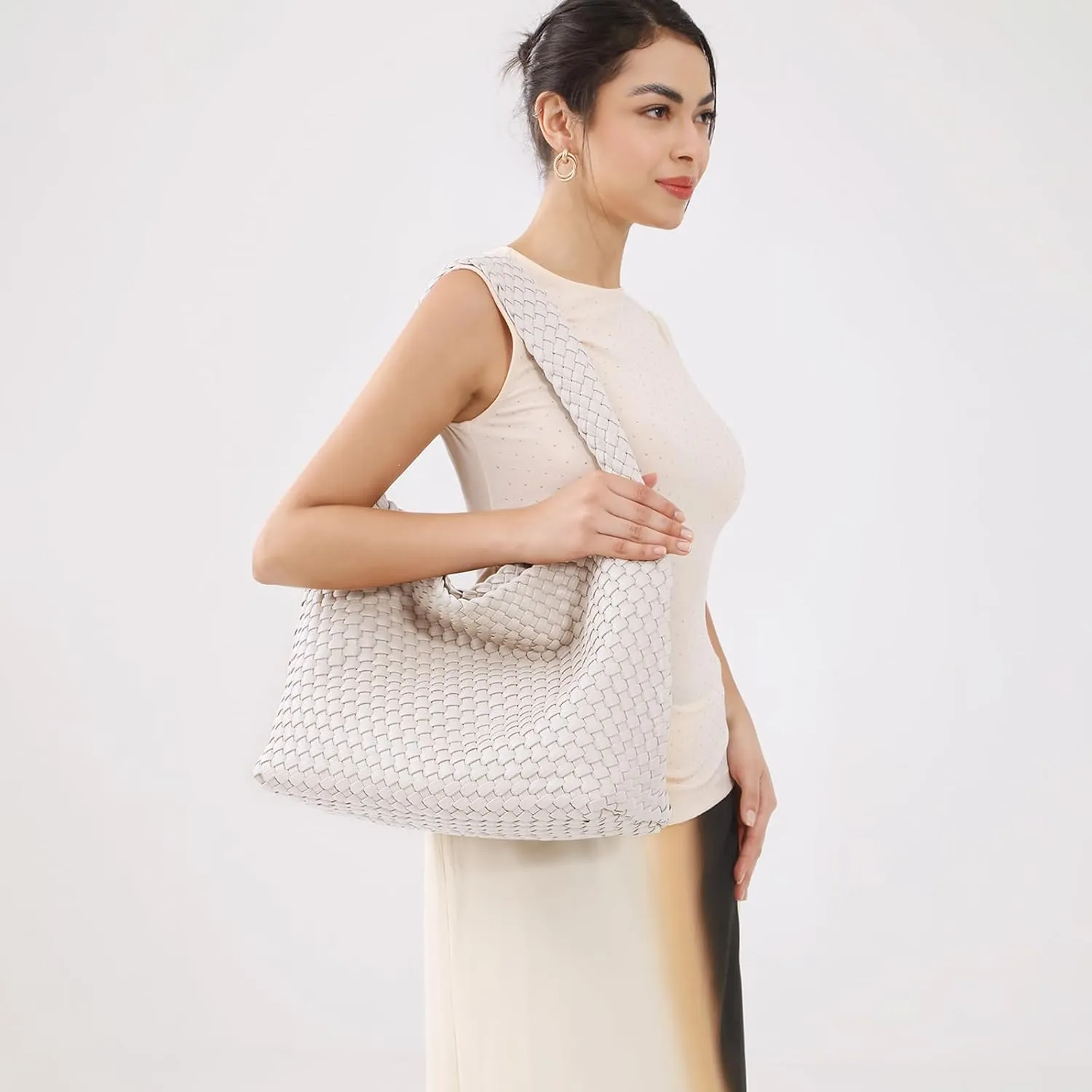 Women Vegan Leather Hand-Woven Tote Handbag Fashion All-Match Underarm Bag with Purse Soft Summer Hobo Tote Bag