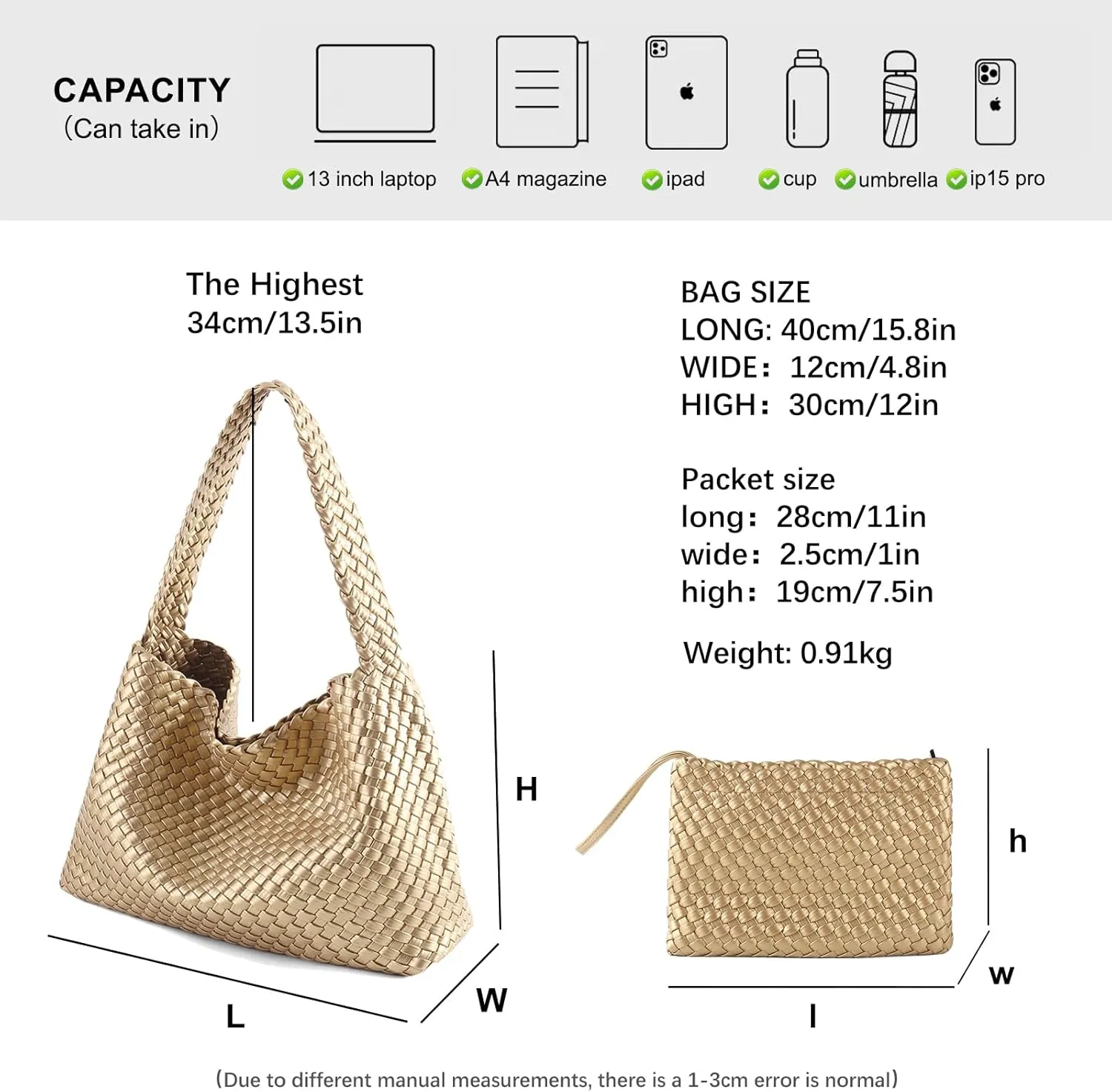 Women Vegan Leather Hand-Woven Tote Handbag Fashion All-Match Underarm Bag with Purse Soft Summer Hobo Tote Bag