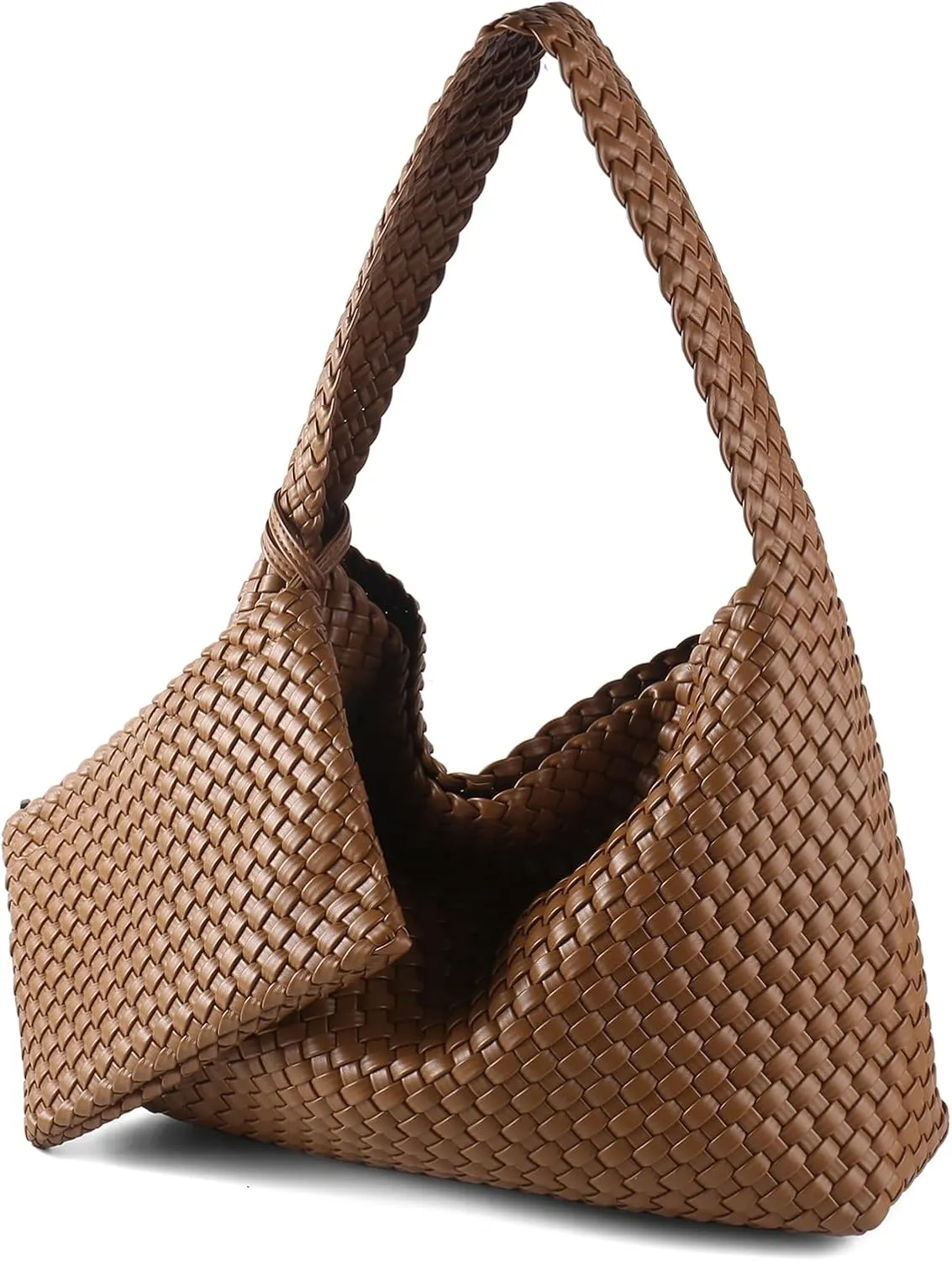 Women Vegan Leather Hand-Woven Tote Handbag Fashion All-Match Underarm Bag with Purse Soft Summer Hobo Tote Bag