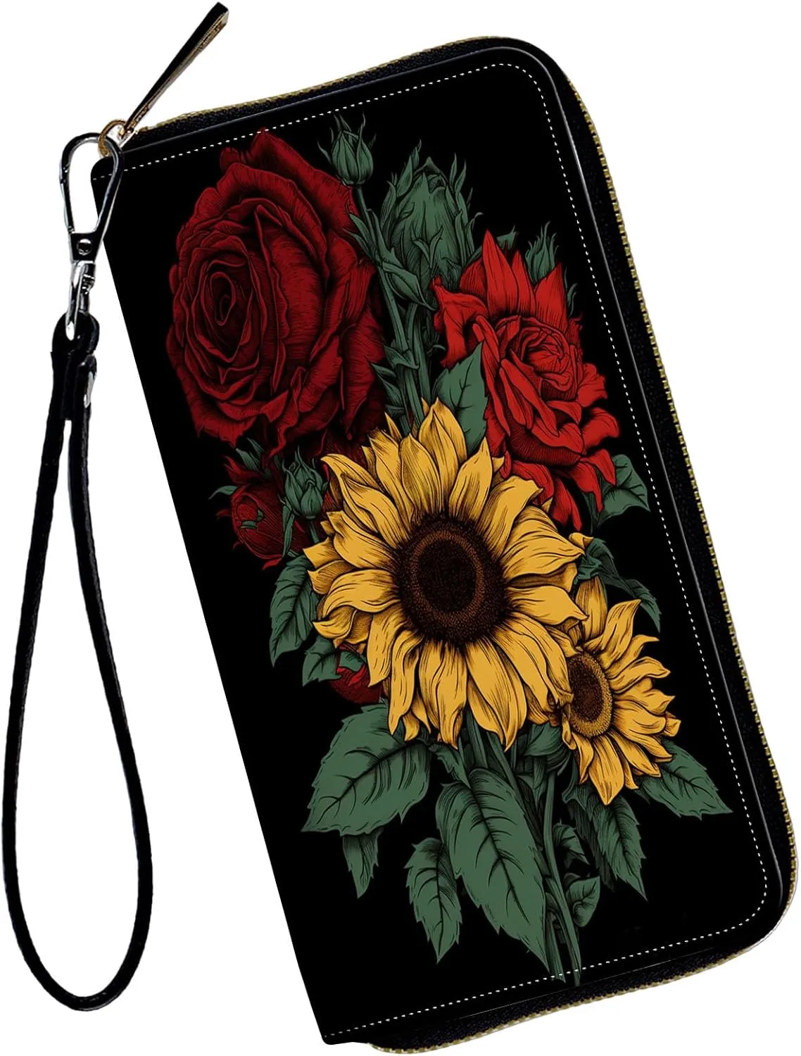 Women Wallets,Large Capacity Clutch Purse for Women Ladie Men Wallet Clearance Credit Card Holder PU Leather Handbag Clutch Purse,Roses and Sunflowers