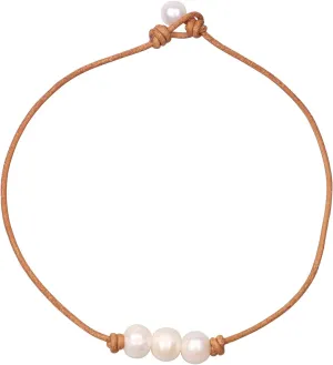 Women White 3 Cultured Freshwater Pearls Choker Necklace on Genuine Leather Cord Knotted Jewelry