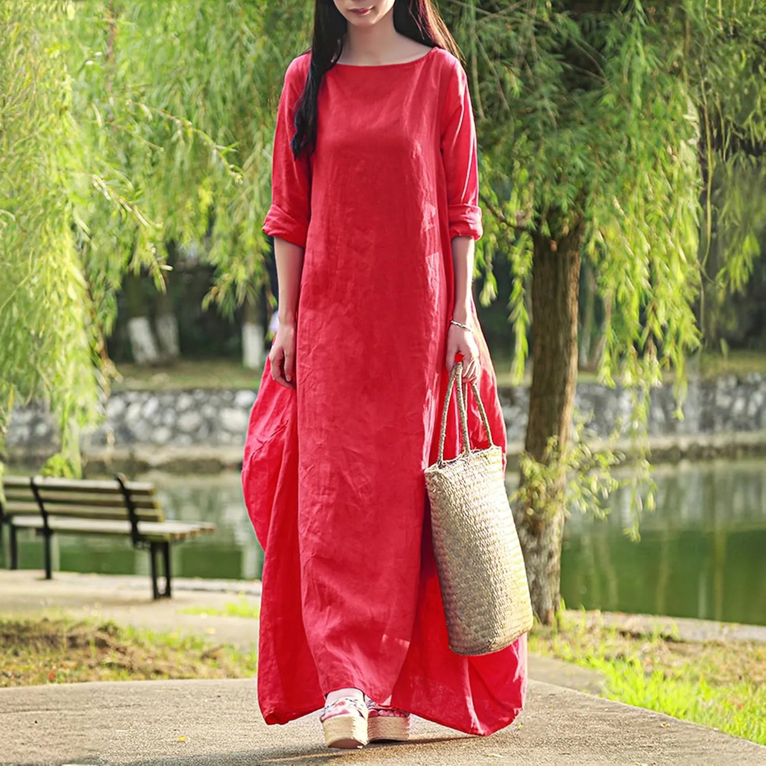 Women's 2025 Spring 100% Linen Long Dress with Long Sleeve Maxi Dress Casual Loose Fitin Solid Color Pockets