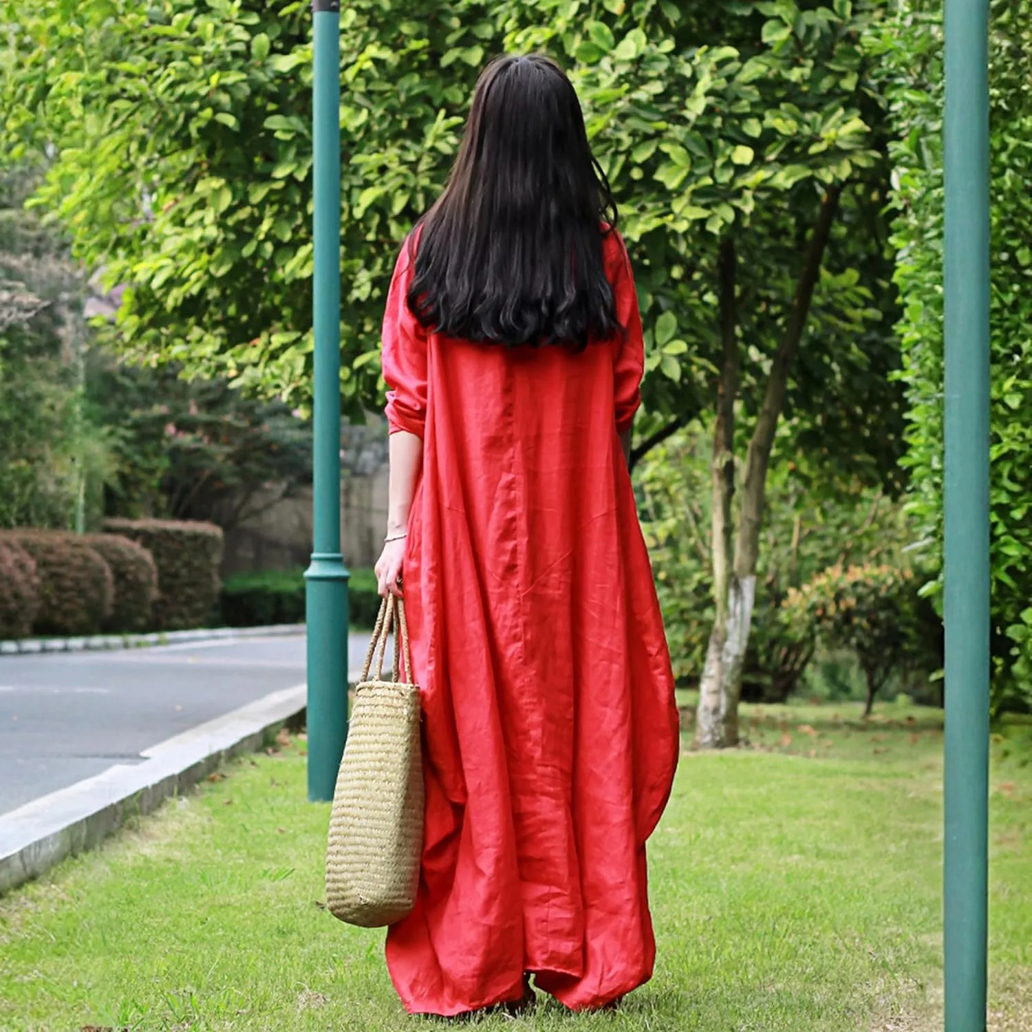 Women's 2025 Spring 100% Linen Long Dress with Long Sleeve Maxi Dress Casual Loose Fitin Solid Color Pockets