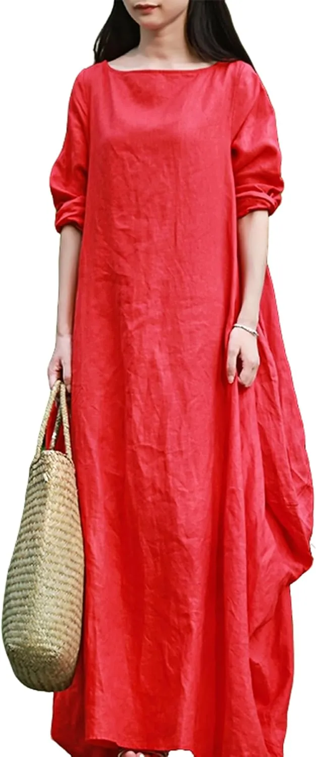 Women's 2025 Spring 100% Linen Long Dress with Long Sleeve Maxi Dress Casual Loose Fitin Solid Color Pockets
