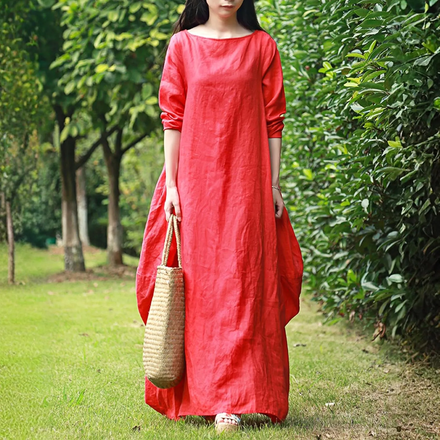 Women's 2025 Spring 100% Linen Long Dress with Long Sleeve Maxi Dress Casual Loose Fitin Solid Color Pockets