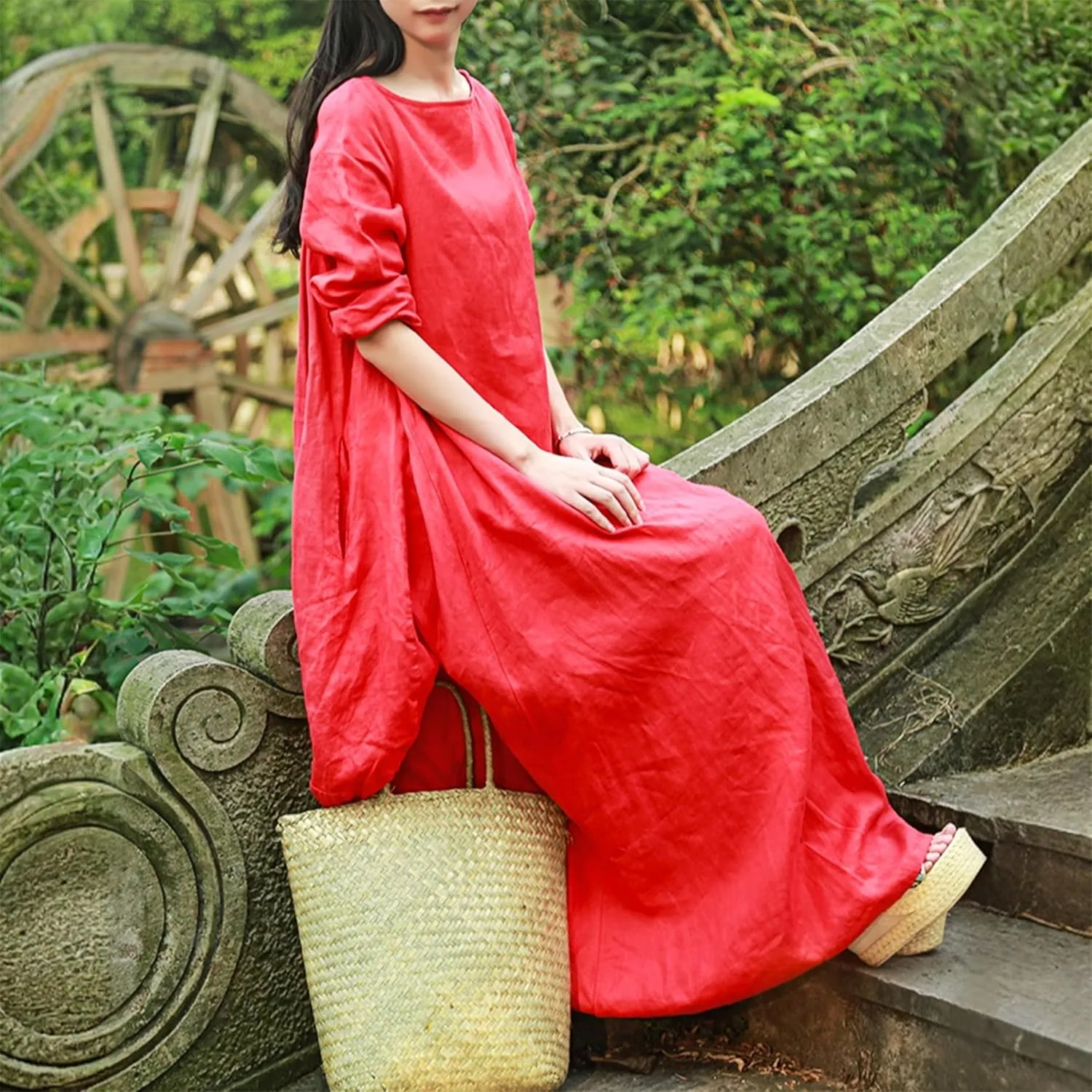 Women's 2025 Spring 100% Linen Long Dress with Long Sleeve Maxi Dress Casual Loose Fitin Solid Color Pockets