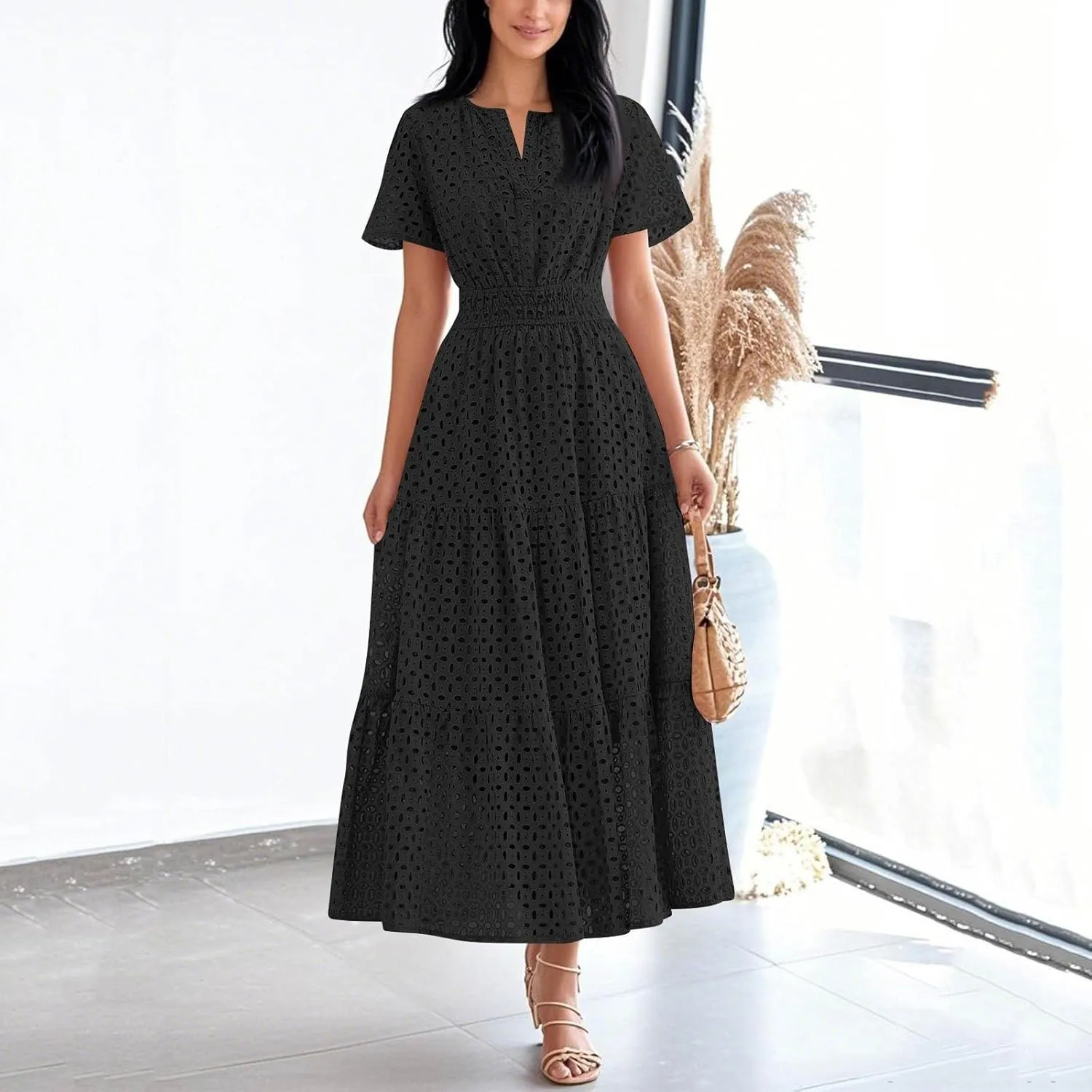 Womens 2025 Summer Maxi Dress Short Sleeve V Neck Hollow Out Eyelet A Line Long Flowy Beach Vacation Dresses