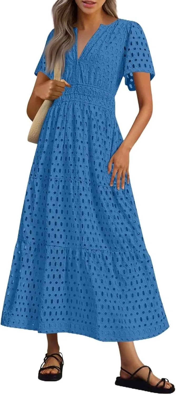 Womens 2025 Summer Maxi Dress Short Sleeve V Neck Hollow Out Eyelet A Line Long Flowy Beach Vacation Dresses