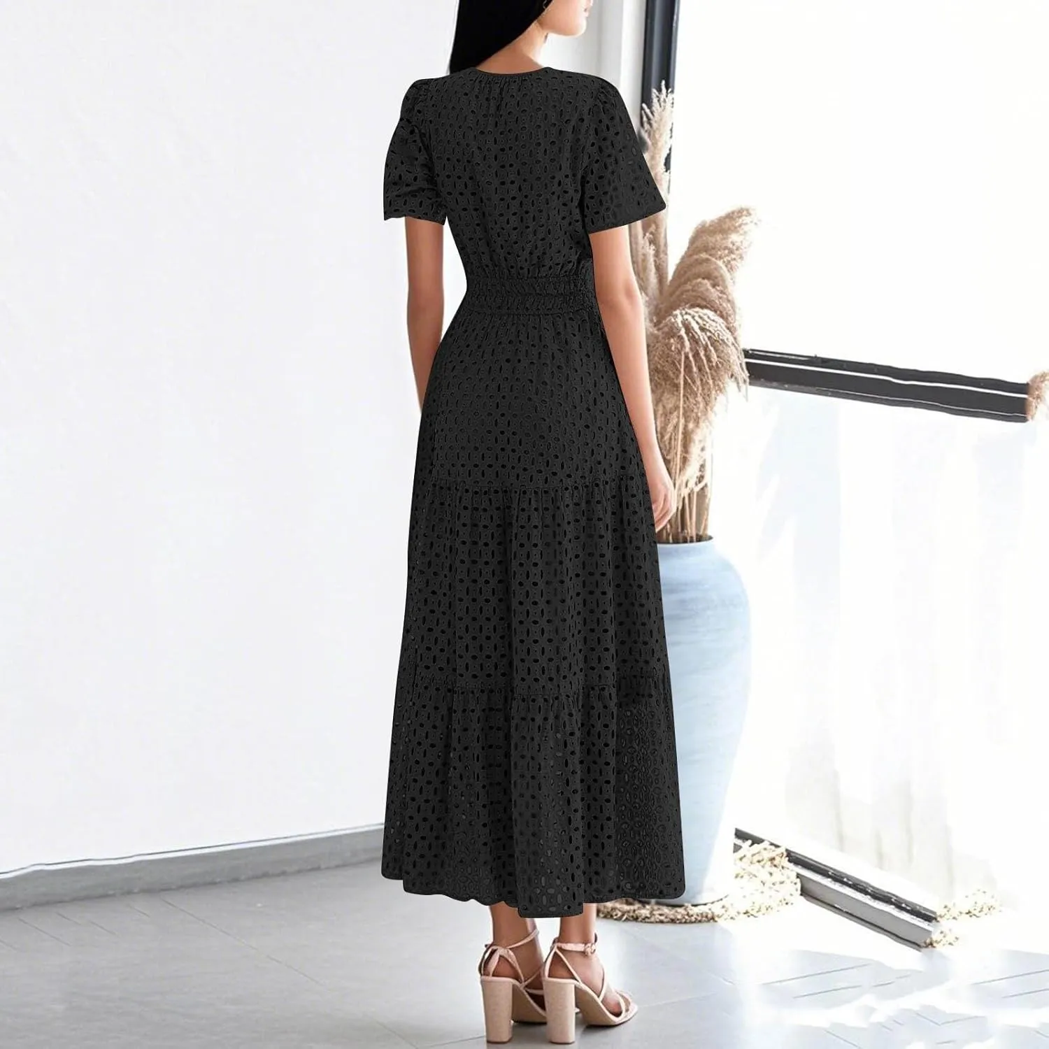 Womens 2025 Summer Maxi Dress Short Sleeve V Neck Hollow Out Eyelet A Line Long Flowy Beach Vacation Dresses