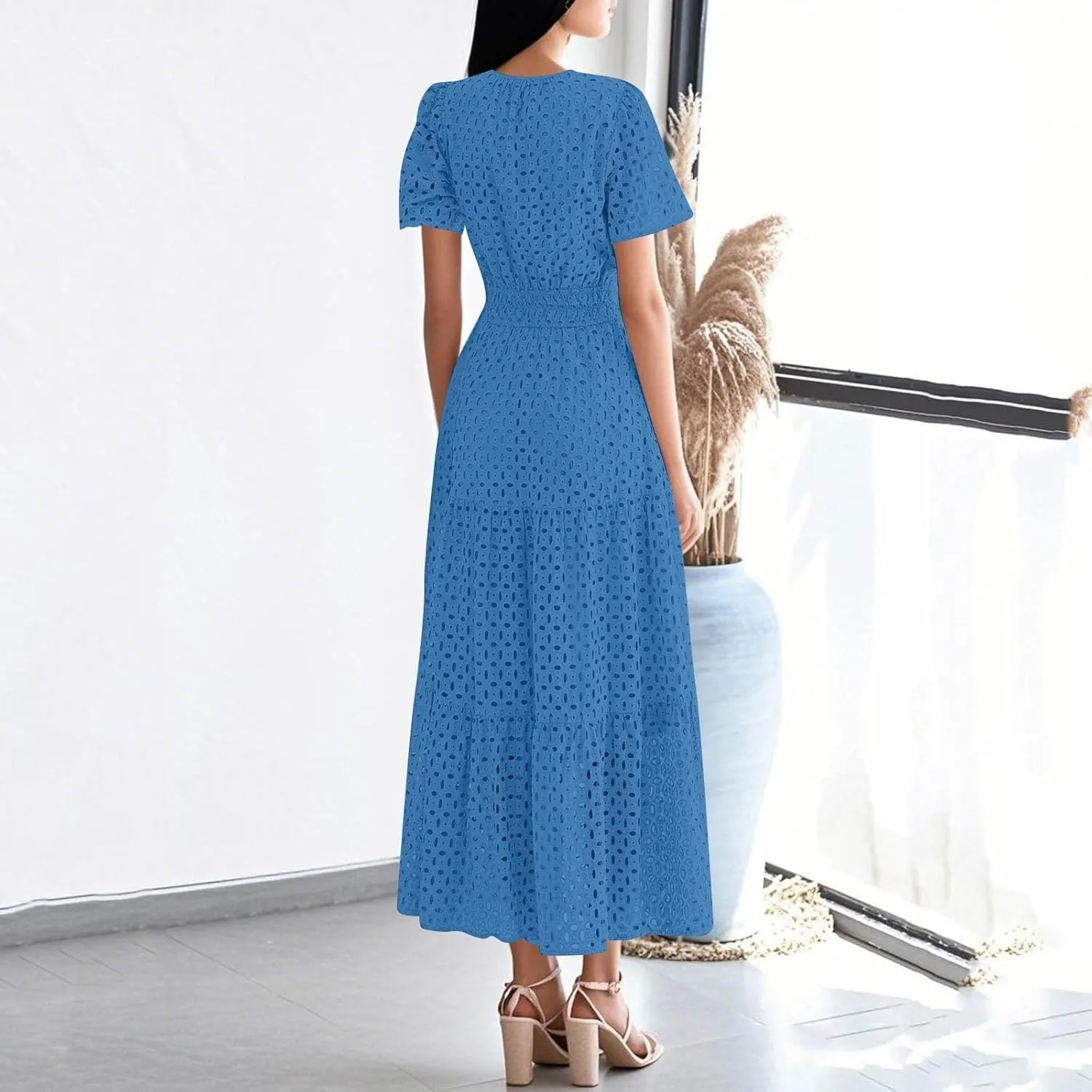 Womens 2025 Summer Maxi Dress Short Sleeve V Neck Hollow Out Eyelet A Line Long Flowy Beach Vacation Dresses