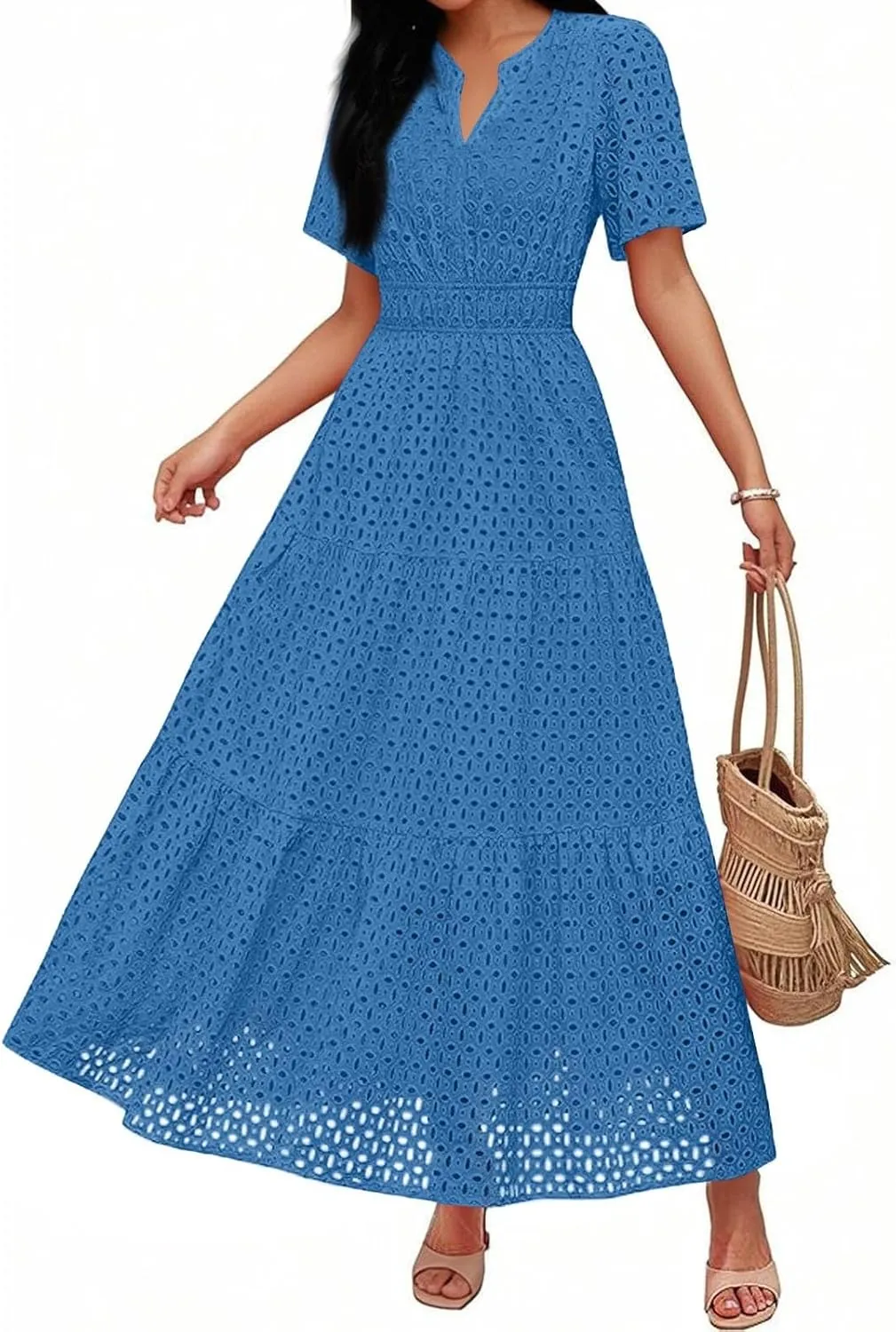Womens 2025 Summer Maxi Dress Short Sleeve V Neck Hollow Out Eyelet A Line Long Flowy Beach Vacation Dresses