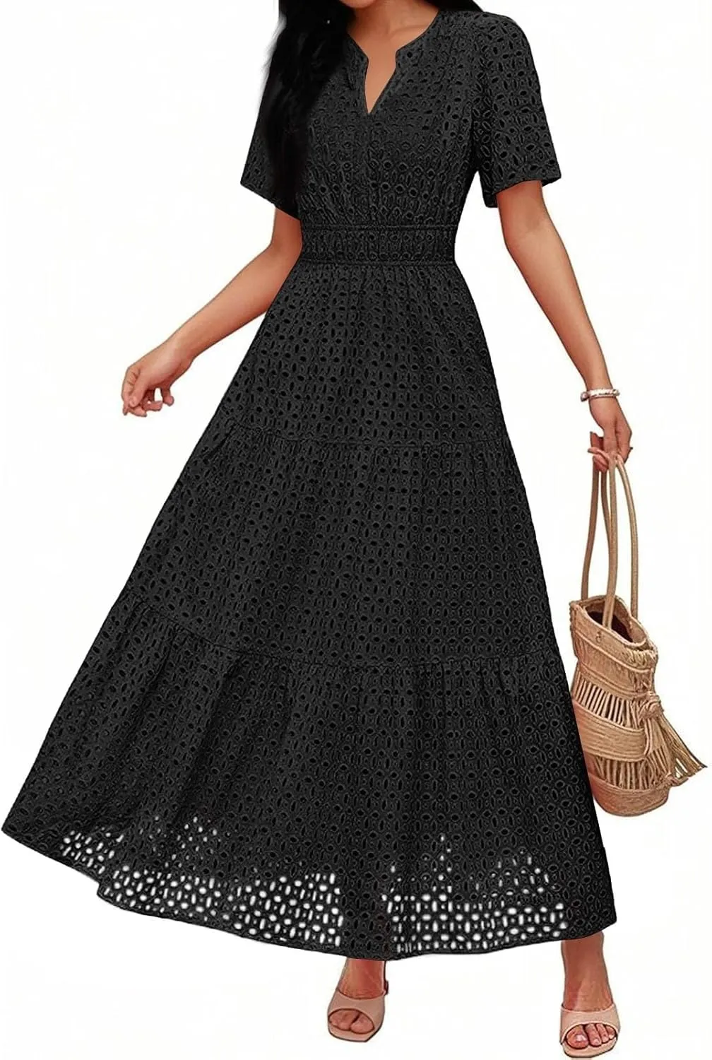 Womens 2025 Summer Maxi Dress Short Sleeve V Neck Hollow Out Eyelet A Line Long Flowy Beach Vacation Dresses