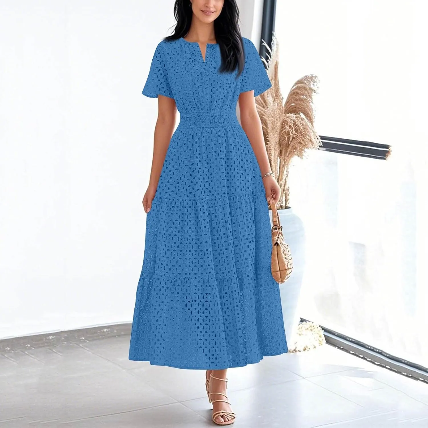 Womens 2025 Summer Maxi Dress Short Sleeve V Neck Hollow Out Eyelet A Line Long Flowy Beach Vacation Dresses