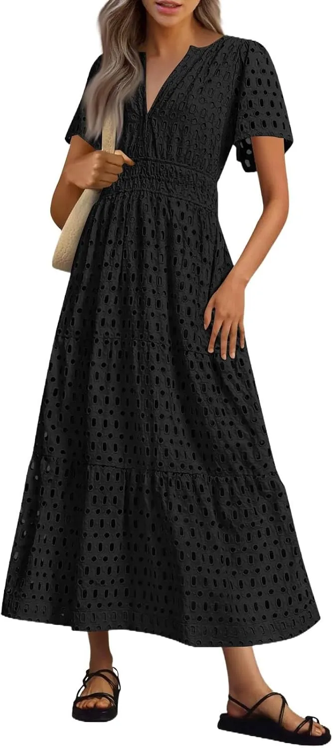 Womens 2025 Summer Maxi Dress Short Sleeve V Neck Hollow Out Eyelet A Line Long Flowy Beach Vacation Dresses