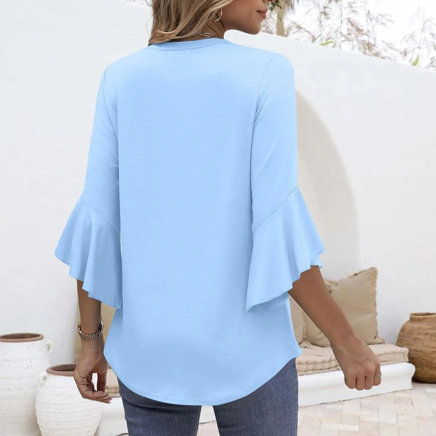 Womens 3/4 Length Sleeve Tops Summer Dressy Business Casual Blouses Work Shirts Chiffon V Neck Going Out Y2K Tunic