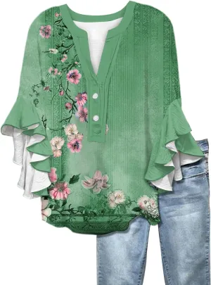 Womens 3/4 Sleeve Tops Casual Ruffle Floral Henley Notched V Neck T Shirts Loose Fit Graphic Button Dressy Blouses