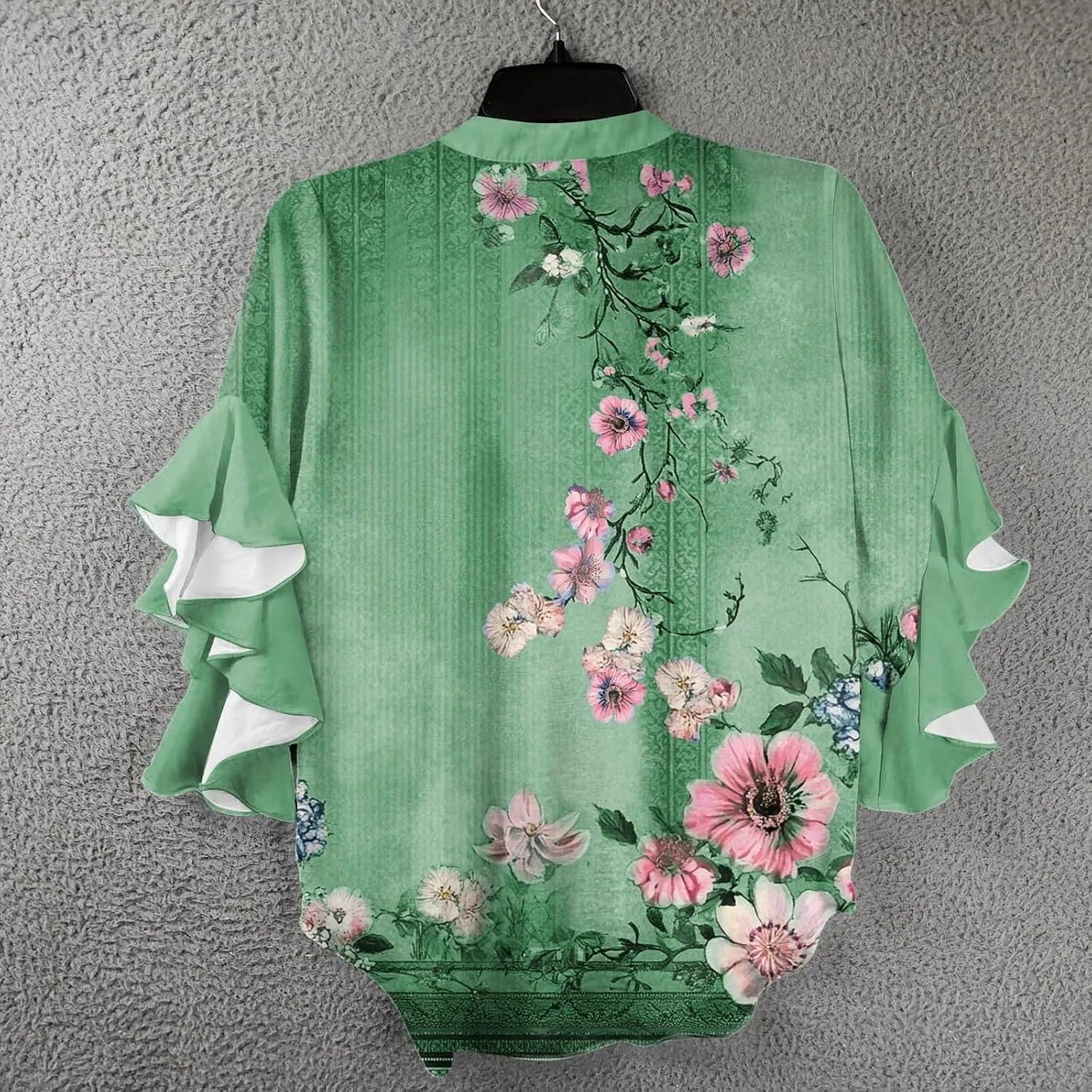 Womens 3/4 Sleeve Tops Casual Ruffle Floral Henley Notched V Neck T Shirts Loose Fit Graphic Button Dressy Blouses