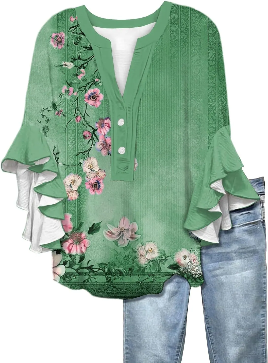 Womens 3/4 Sleeve Tops Casual Ruffle Floral Henley Notched V Neck T Shirts Loose Fit Graphic Button Dressy Blouses