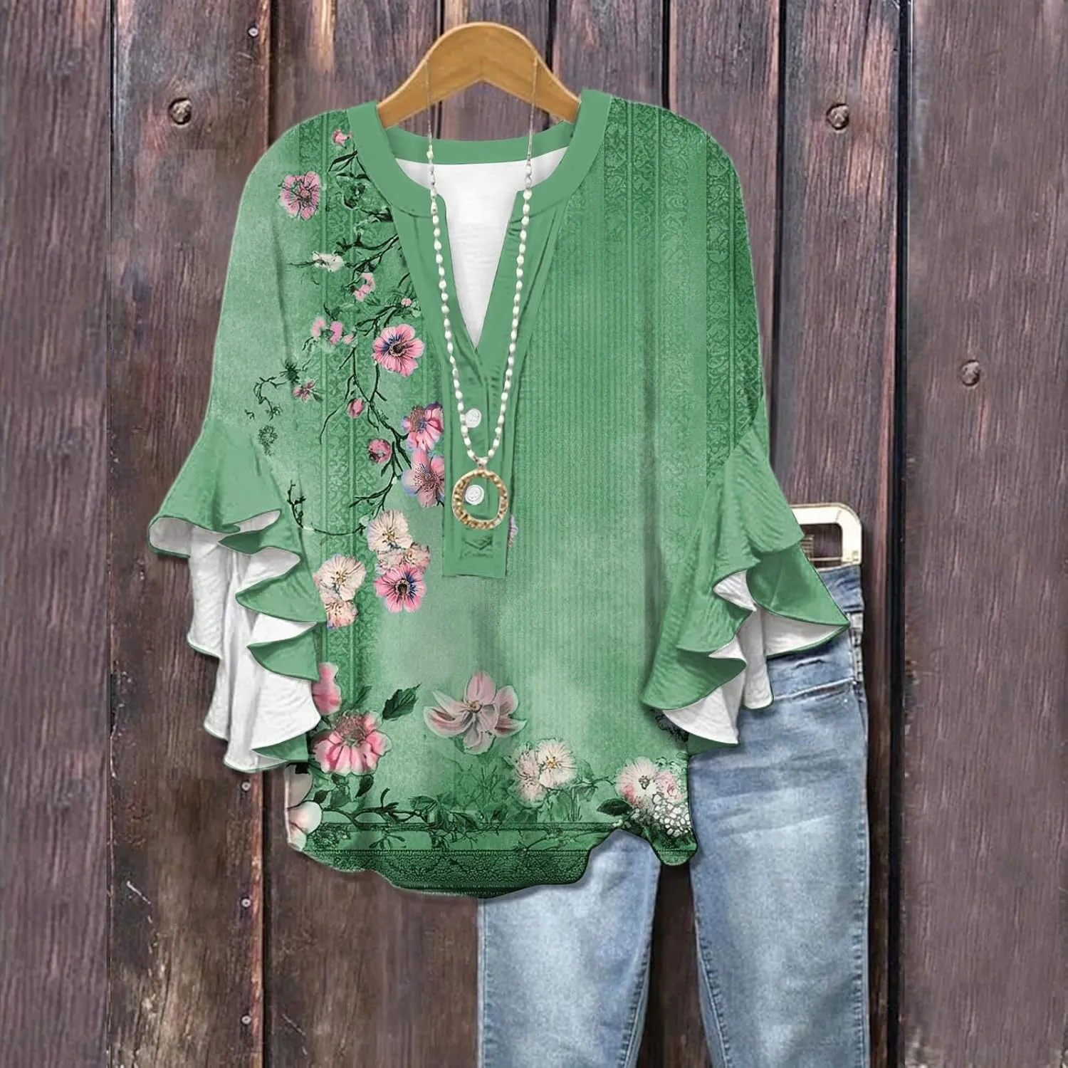 Womens 3/4 Sleeve Tops Casual Ruffle Floral Henley Notched V Neck T Shirts Loose Fit Graphic Button Dressy Blouses