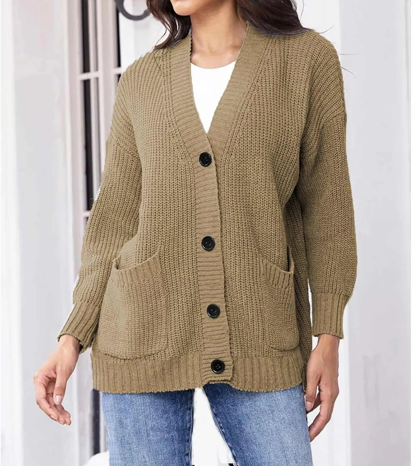 Women's Autumn Sweater Fashion Solid Knitted Button Down Long Sleeve Warm Loose Cardigan Winter Thick Crochet Coats