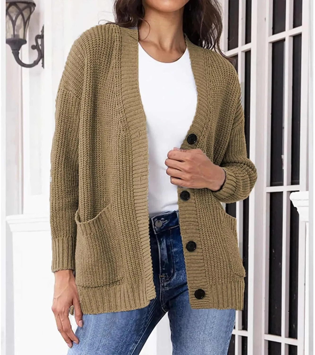 Women's Autumn Sweater Fashion Solid Knitted Button Down Long Sleeve Warm Loose Cardigan Winter Thick Crochet Coats