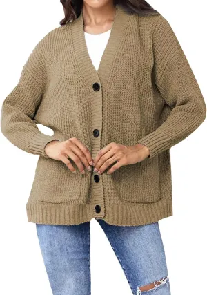 Women's Autumn Sweater Fashion Solid Knitted Button Down Long Sleeve Warm Loose Cardigan Winter Thick Crochet Coats