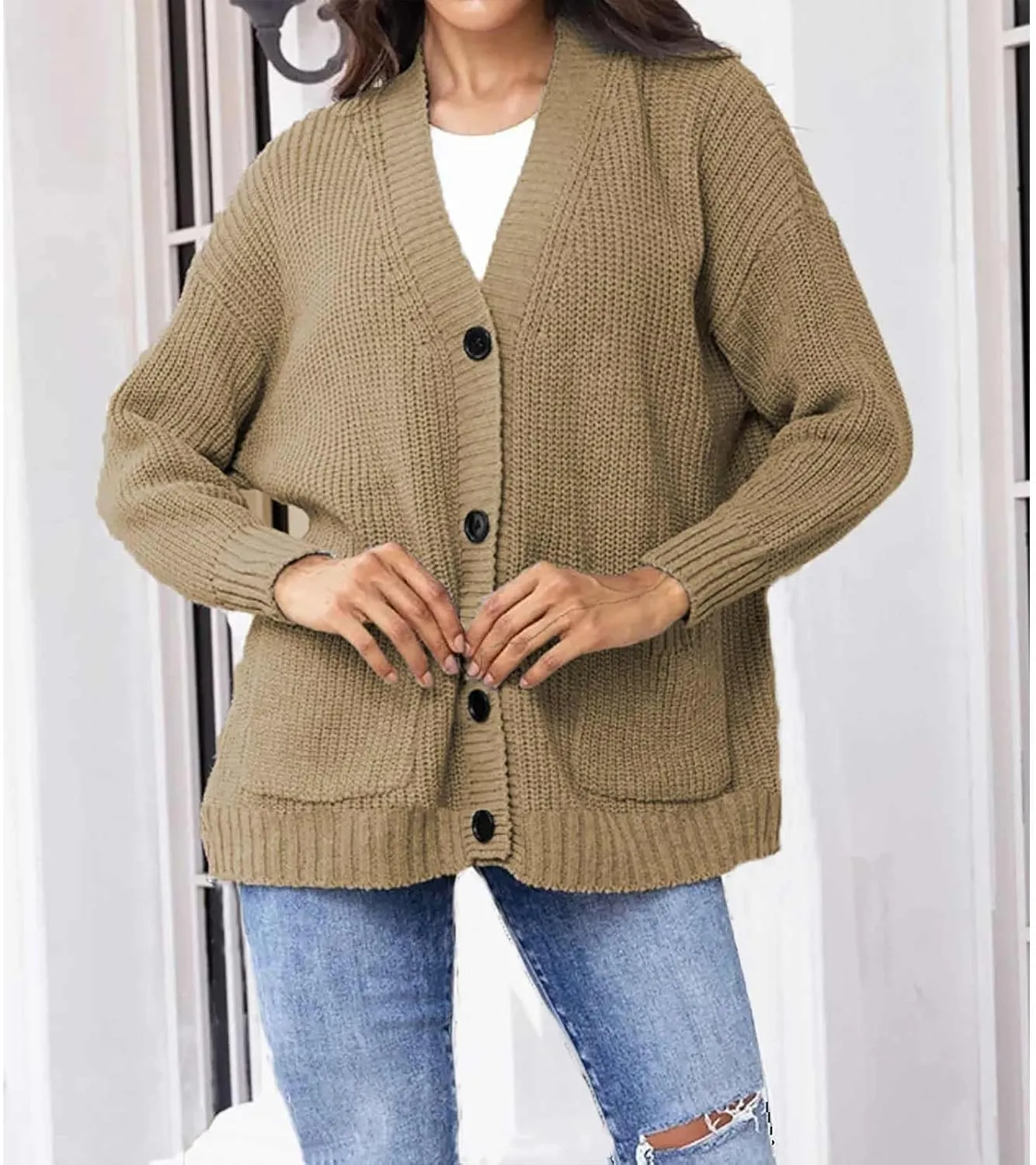 Women's Autumn Sweater Fashion Solid Knitted Button Down Long Sleeve Warm Loose Cardigan Winter Thick Crochet Coats