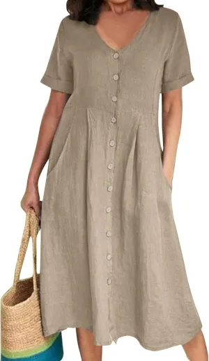 Women's Beach Dress Summer Casual Loose Trendy Short Sleeve V-Neck Solid Button Linen Dresses 2025 Plus Size, S-5XL