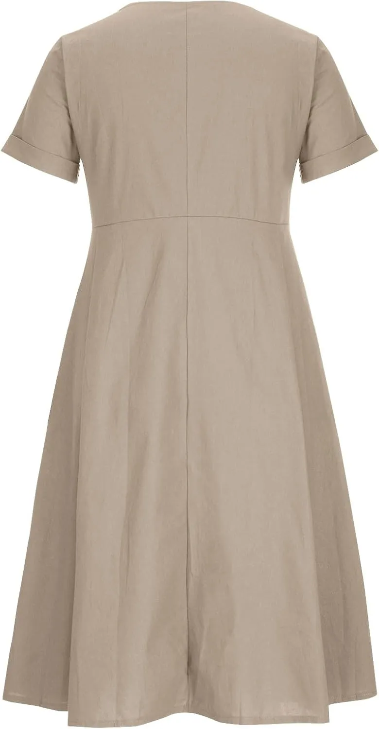 Women's Beach Dress Summer Casual Loose Trendy Short Sleeve V-Neck Solid Button Linen Dresses 2025 Plus Size, S-5XL