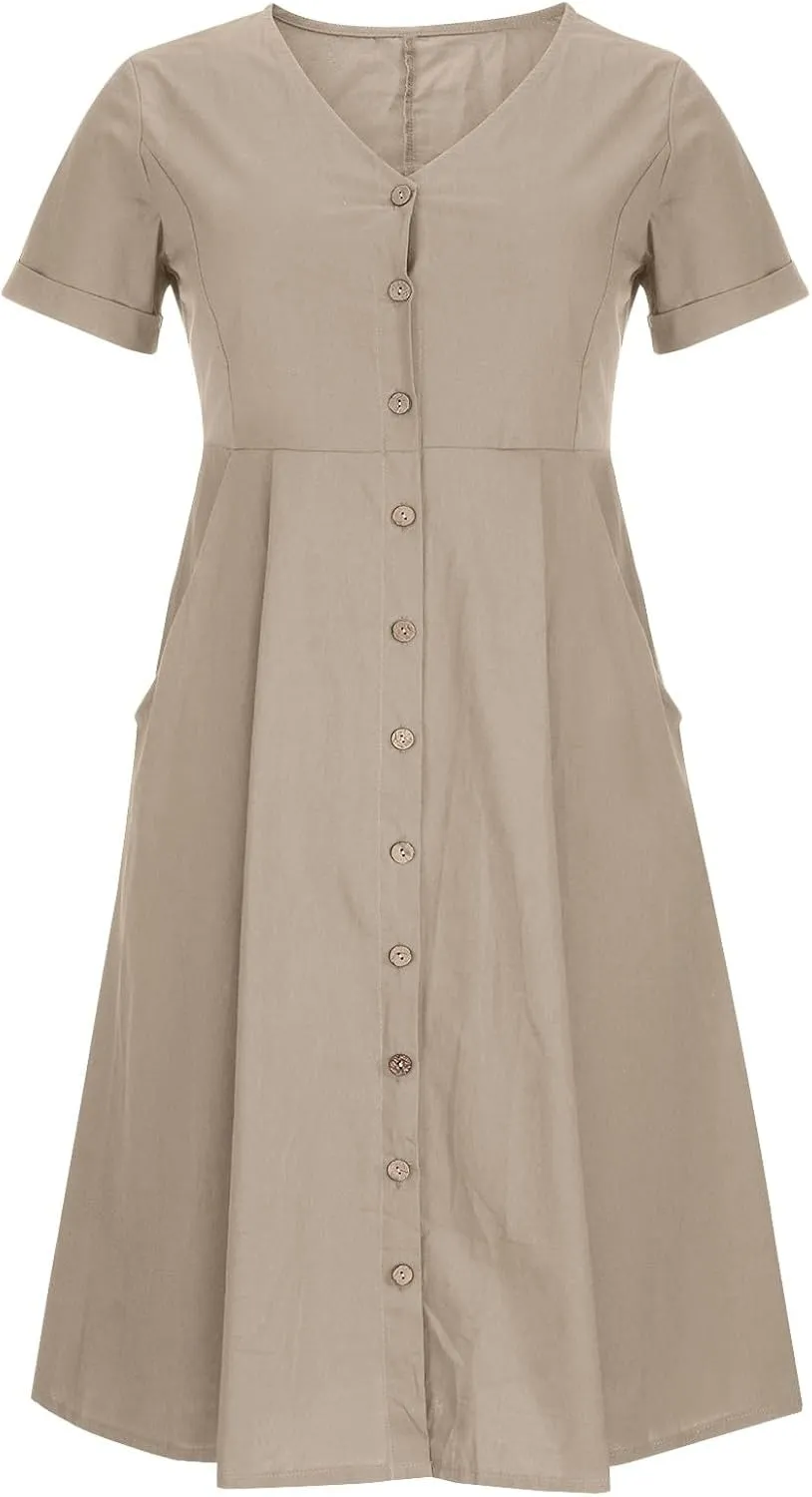 Women's Beach Dress Summer Casual Loose Trendy Short Sleeve V-Neck Solid Button Linen Dresses 2025 Plus Size, S-5XL